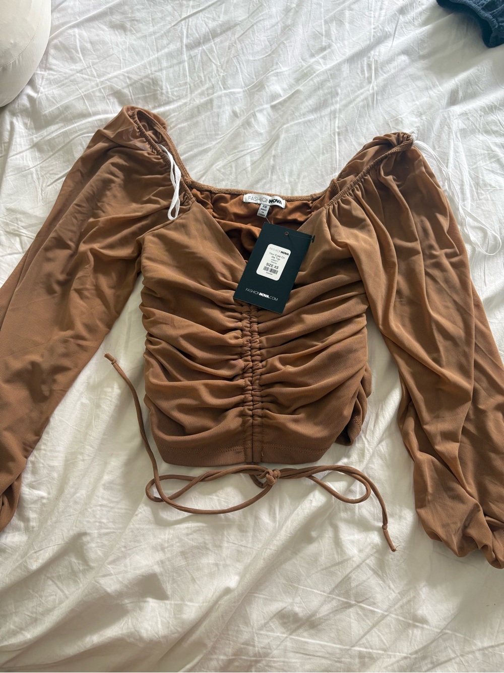 Fashion Nova Brown Ruched Long-Sleeve Crop Top with Drawstring